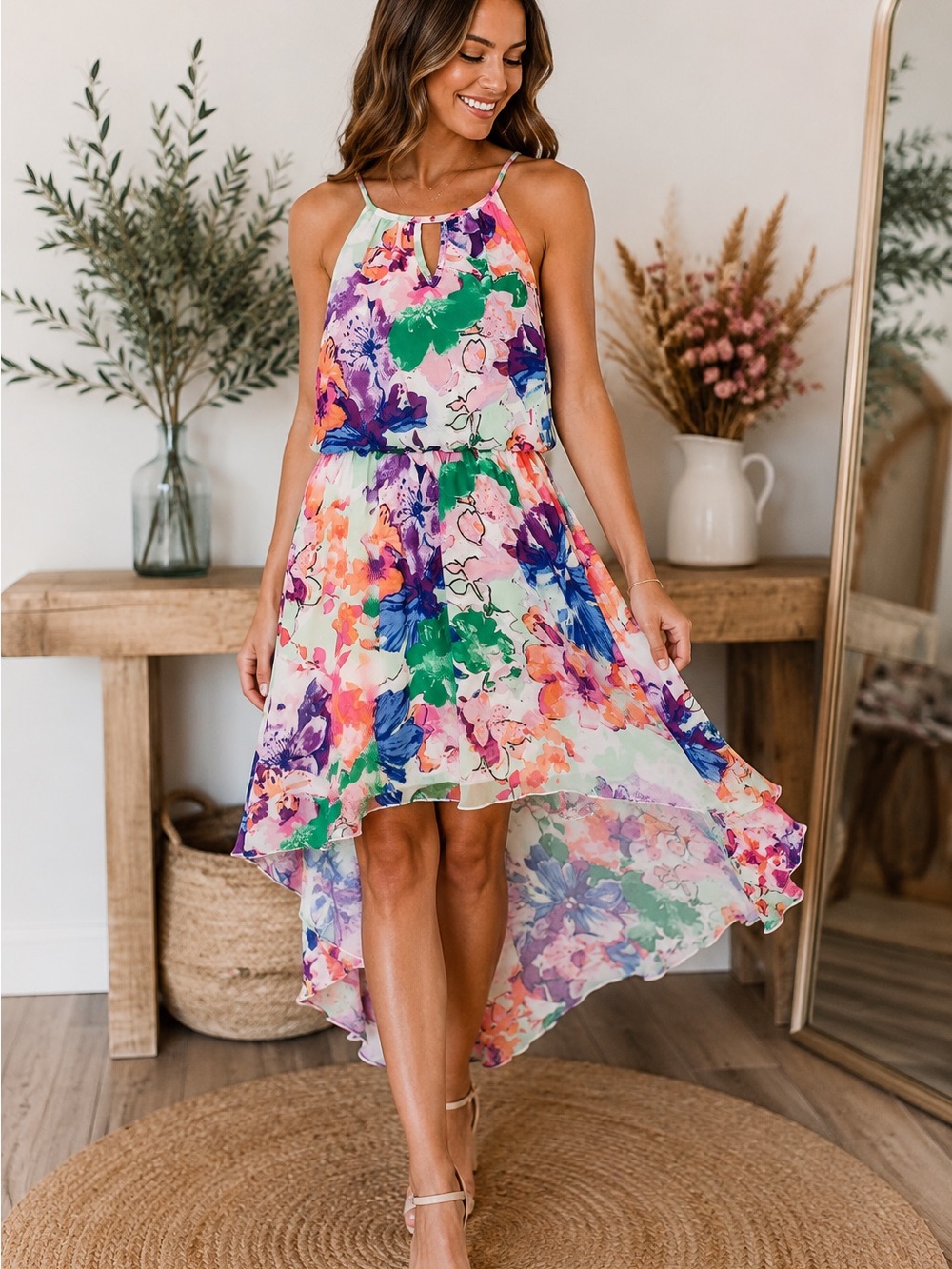 Lily Rose XS Watercolor Floral High Low Chiffon Dress Sleeveless Fit & Flare